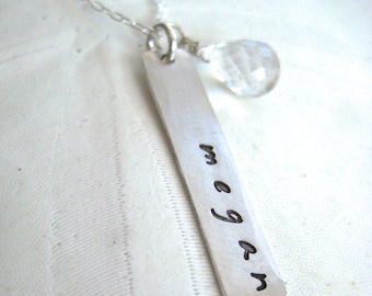 Silver Long Bar Name Necklace - Hand Stamped with Custom Semi-Precious Gemstone