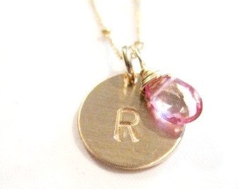 Pretty in Pink - Handstamped Initial on Gold Disk with Pink Quartz Gemstone