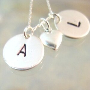 Initial Love in Sterling Silver Handmade and Handstamped Simple Jewelry with Heart Charm image 1