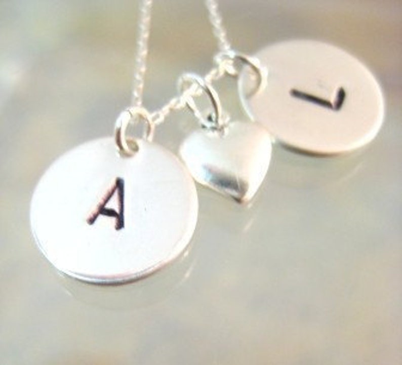 Initial Love in Sterling Silver Handmade and Handstamped Simple Jewelry with Heart Charm image 1