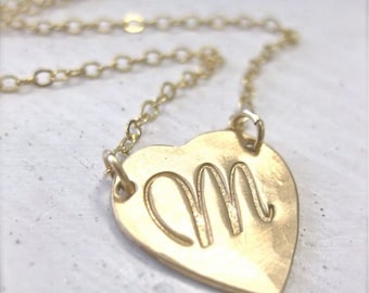 Lucky Heart Script Initial Necklace- Gold, Personalized and Hand Stamped