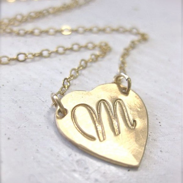 Lucky Heart Script Initial Necklace- Gold, Personalized and Hand Stamped