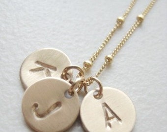 Hand Stamped Initial Gold Charms Necklace - "Pretty Gold Initials" - With 3 Discs
