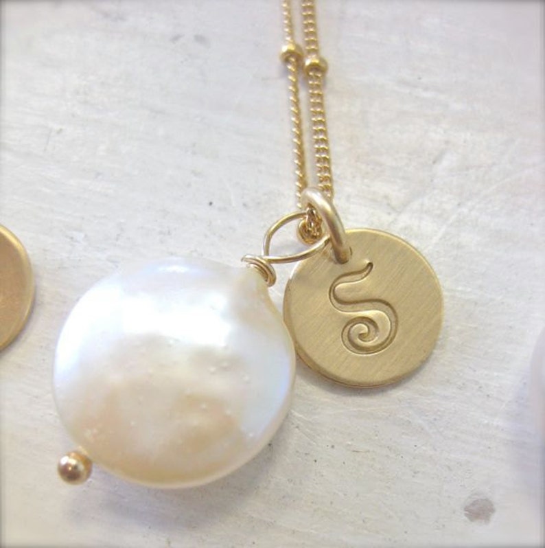 Coin Pearl Gold Necklace with Hand Stamped Script Initial Charm A Simple Glow Personalized image 5