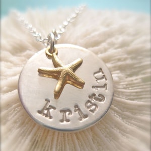Sea Star in Gold on Silver - Cute Nautical Handmade + Hand Stamped Necklace with Custom Name