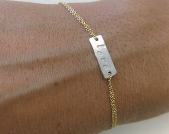 Little LOVE Bracelet - Hand Stamped Sterling Silver Horizontal Bar with Gold Chain and Crystals