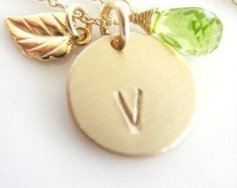 Gold Leaf Initial Hand Stamped Personalized Necklace - "Sweet Leaf and Peridot", Gemstone Customizable