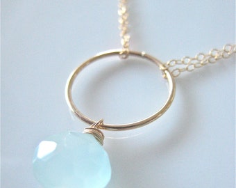 Gold Circle Necklace with Aqua Chalcedony - "Earth & Sky"