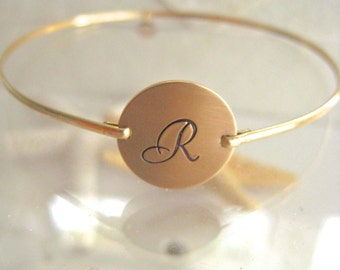 Gold Initial Bangle - Personalized Hand Stamped Script Initial Bracelet