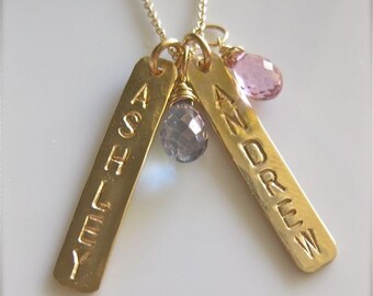 Personalized Gold Bars - Necklace with Two Gold Bars and Two Gemstones