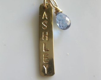 Personalized Gold Bar - Hand Stamped Custom Necklace with One Bar Charm and One Briolette Gemstone