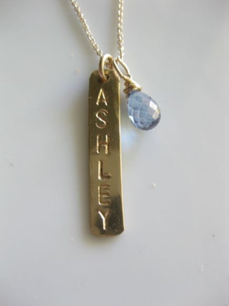 Personalized Gold Bar Hand Stamped Custom Necklace with One Bar Charm and One Briolette Gemstone image 1