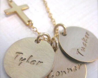 Gold Mommy Necklace with Sideways Cross - hand stamped 14k gold filled personalized disc charms