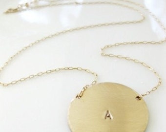 Gold Initial Pendant Necklace, Large Disk, Simple Minimalist, Handmade and Hand Stamped -" Initial Drama "