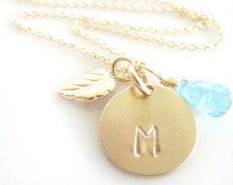 Initial Charm Necklace - "Sweet Leaf  with Apatite" in Gold