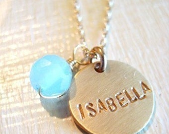 Single Gold Customizable Name with Aqua Chalcedony Bead