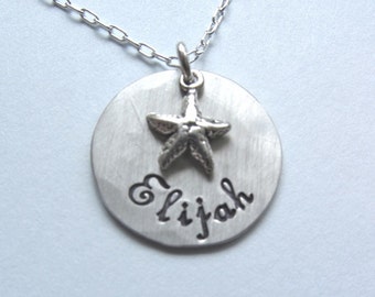 Baby Starfish "Keiki" - Personalized Beach Necklace in Sterling Silver Hand Stamped in Script