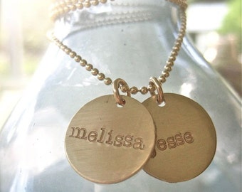 Hand Stamped Mommy Jewelry - "Two Gold Tags Necklace on a Ball Chain"