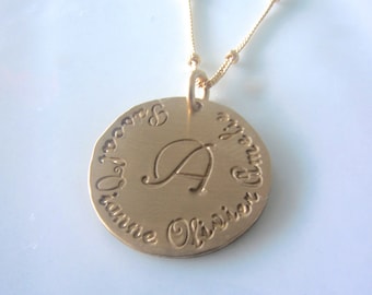 Pretty Mommy Necklace in Gold Filled with French Script, Hand Stamped Names and Initial on Disc