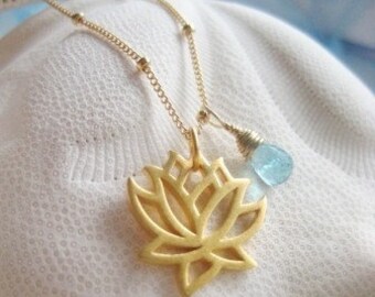 Small Gold Lotus Bloom Necklace with Apatite Briolette