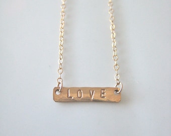 Tiny Handmade Gold Bar Necklace - LOVE Hand Stamped in 14kgf