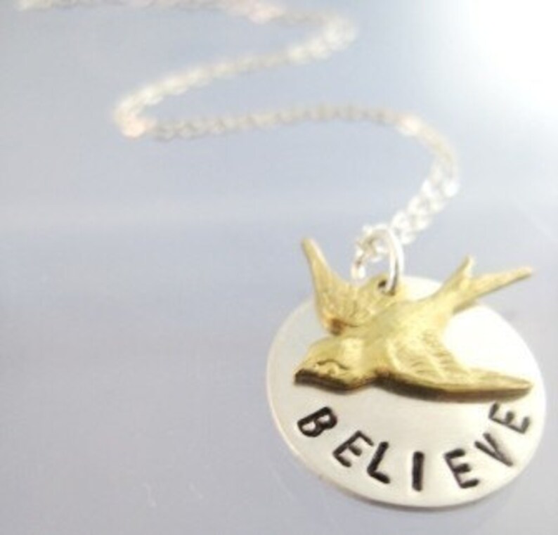 BELIEVE Quote on a Sterling Silver Disc with Cute Bird Charm image 1