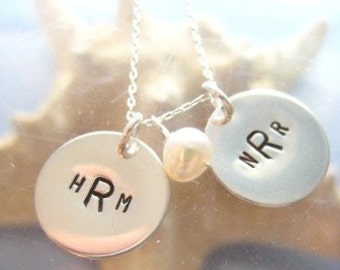 Personalized Monogram Charms Necklace - "Monogrammed Love" - Hand Stamped Sterling Silver with Pearl Charm