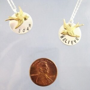 BELIEVE Quote on a Sterling Silver Disc with Cute Bird Charm image 2