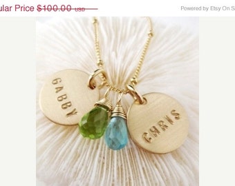 Custom Gold Names Necklace on a Satellite chain-"TWO PRETTY" - Two Discs with Two Gemstones