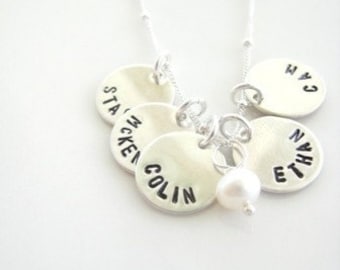 5 Pretty Little Names in Sterling Silver/ Personalized Charm Necklace Hand Stamped on a Satellite Chain