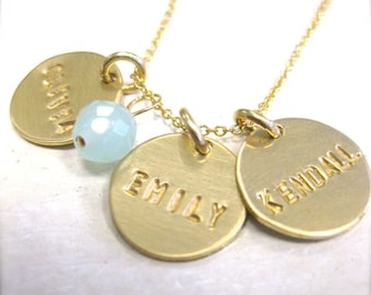 Three Gold Discs Personalized with an Aqua Chalcedony Bead