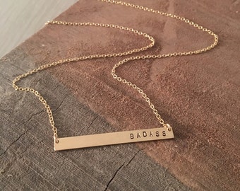 BADASS -- 14kgf Thin Horizontal Bar Hand Stamped Necklace, Able to be Personalized/ Custom Changed