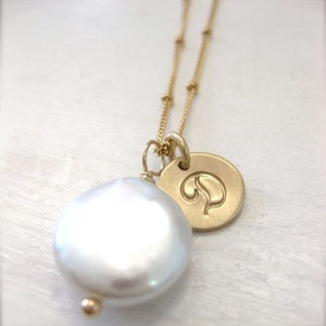 Coin Pearl Gold Necklace with Hand Stamped Script Initial Charm A Simple Glow Personalized image 1