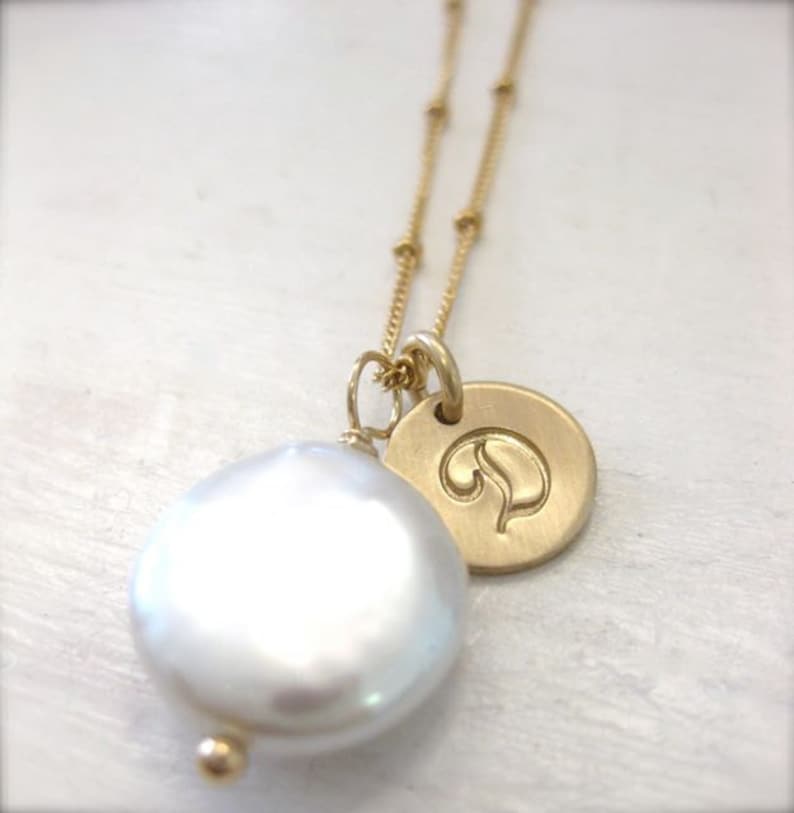 Coin Pearl Gold Necklace with Hand Stamped Script Initial Charm A Simple Glow Personalized image 1