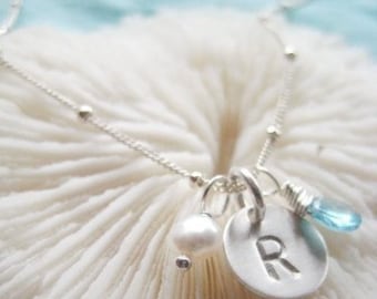 Initial Charm Necklace Bridesmaid Edition - "Pretty Petite Initial Sterling Silver with Apatite and Pearl"