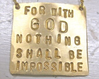 Inspirational Jewelry - Square Pendant Scripture Necklace in Gold - For with God nothing shall be impossible
