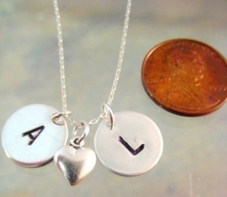 Initial Love in Sterling Silver Handmade and Handstamped Simple Jewelry with Heart Charm image 2