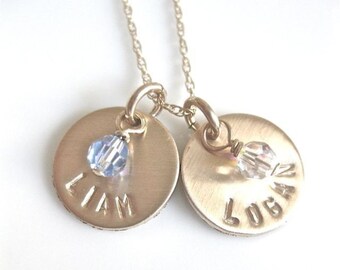 Gold Personalized Name Charm Necklace / Hand Stamped Mommy Jewelry / "Little Birthstones" - with two discs