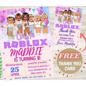 Roblox Invitation, Roblox Invite, Game Party, Roblox Girls Birthday Invitation Template, Girl Roblox, Gamer Girl, Editable Canva Download
