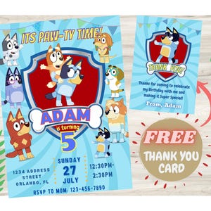 Bluey Birthday Invitation, w/Thank You Card, Blue Dog Boy Birthday Party, Blue Dog Birthday Party Invitation (Animated Version Included)