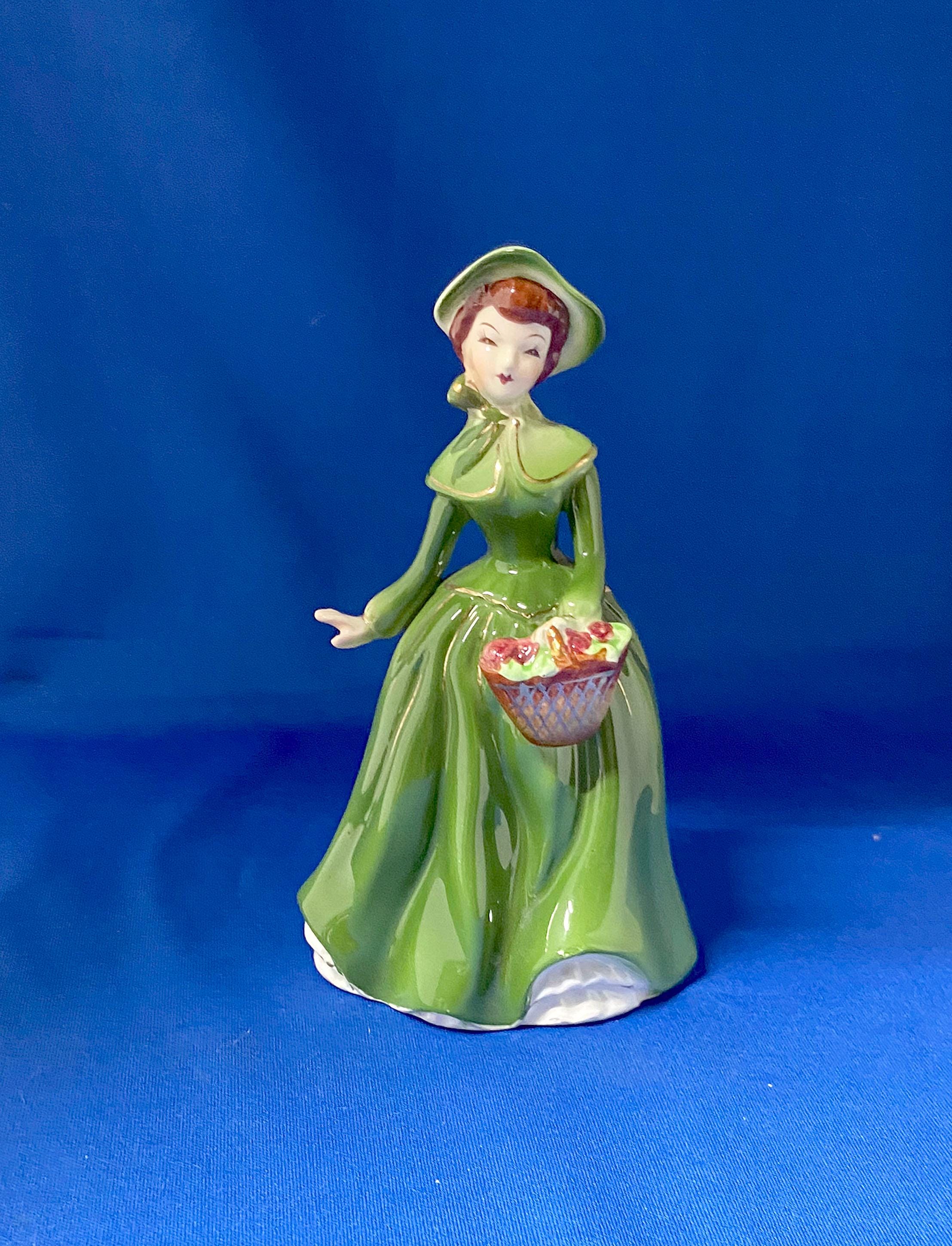 SHAFFORD Elegant Lady Figurine Bonnet & Basket Porcelain Girl Made
