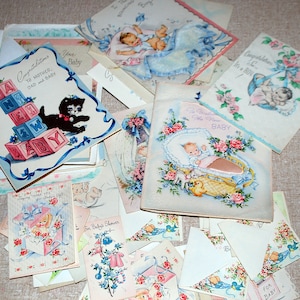 48 Vintage 1940&#39;s-50&#39;s BABY GREETING Cards New & Used Beautiful Graphics Hallmark RustCraft Flocked, Satin, Net, Glitter Scrapbooking