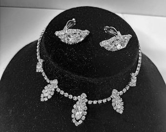 RHINESTONE Necklace / Choker & Clip Earrings  High End Bridal Vintage
