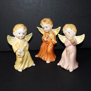 3 Vintage HOMCO Angels Playing Musical Instruments Ceramic Figurines Christmas Holiday Decor #5400 Taiwan