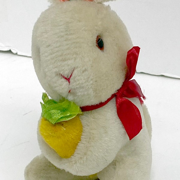 Vintage Mohair Easter Bunny Rabbit Holding Carrot Glass Eyes Steiff Style 1960's