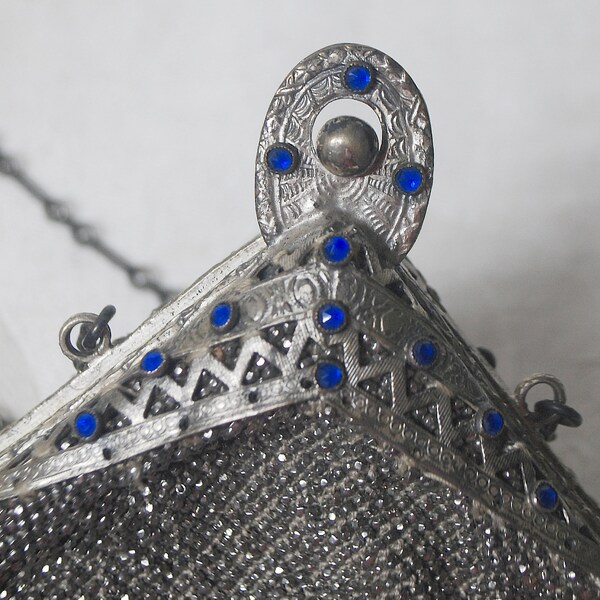 Antique Steel Cut Beaded Bag, Blue Stones Trinity Plate Silver Beads Blue Brocade Lining 3" fringe