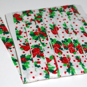 Bias Tape 1/2&quot; Bias Tape Double Fold Holiday Cotton Print Holly Red Ribbon and Dots Sold BY THE YARD