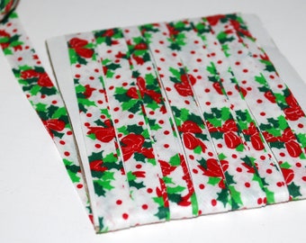 Bias Tape 1/2" Bias Tape Double Fold Holiday Cotton Print Holly Red Ribbon and Dots Sold BY THE YARD