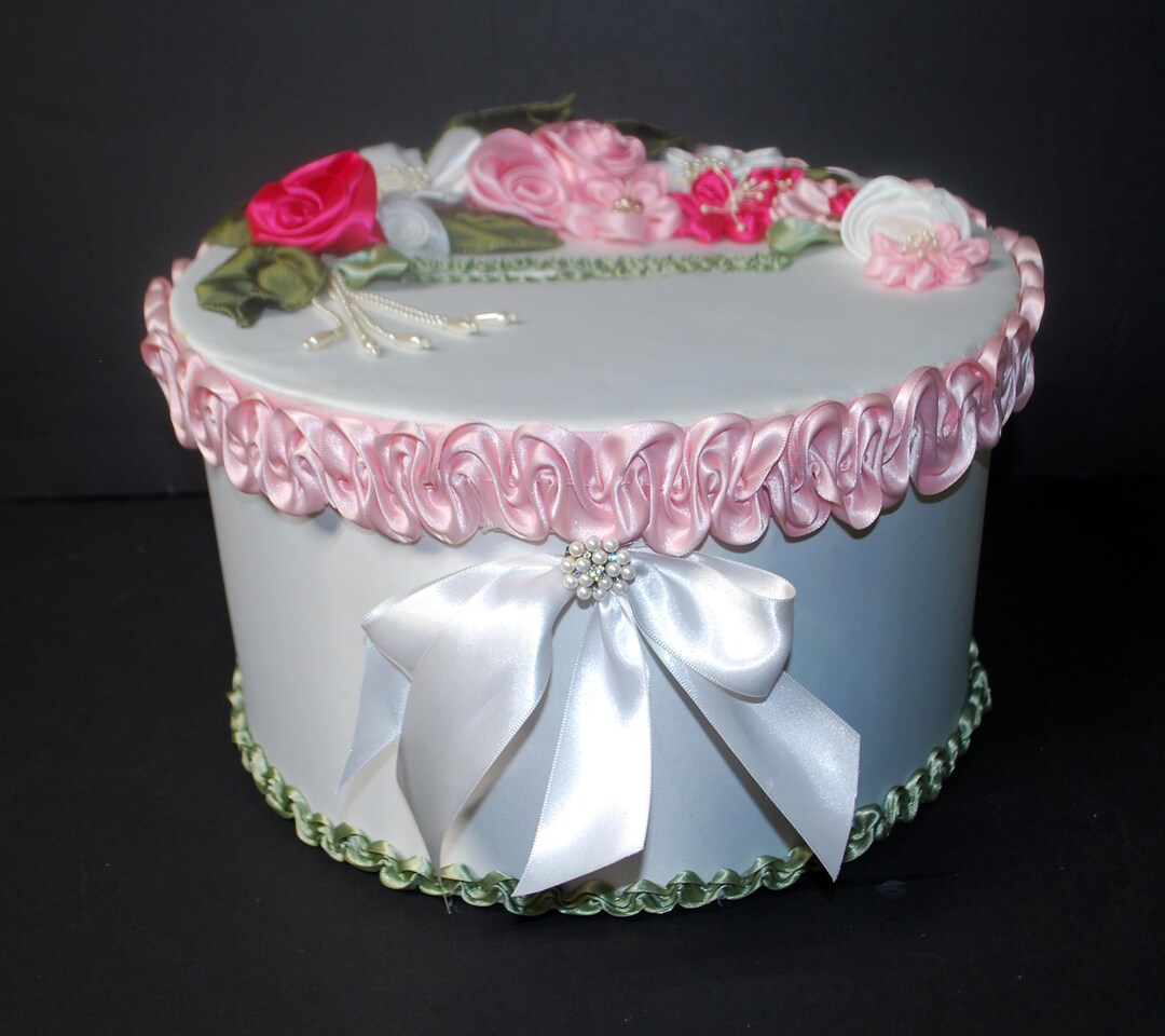 WEDDING Cake CARD Box Silk Roses Rhinestones Pearls Pink and White ...