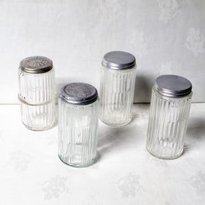 Hoosier Cabinet Spice Jars Depression Glass 4 piece 1940&#39;s Antique Vintage